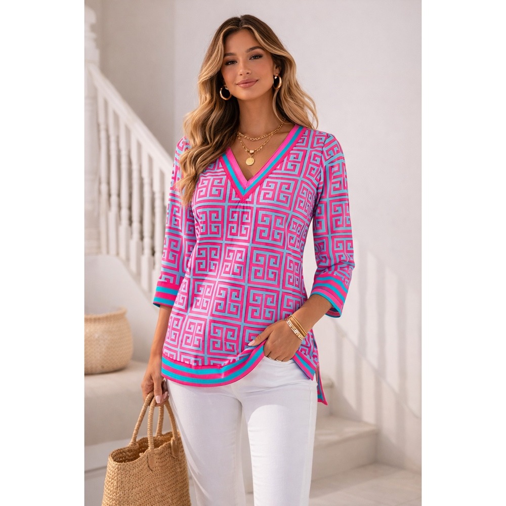 Gretchen Scott Women's Small Pink Turquoise Greek Key V-Neck Tunic Top Resort - Picture 12 of 13